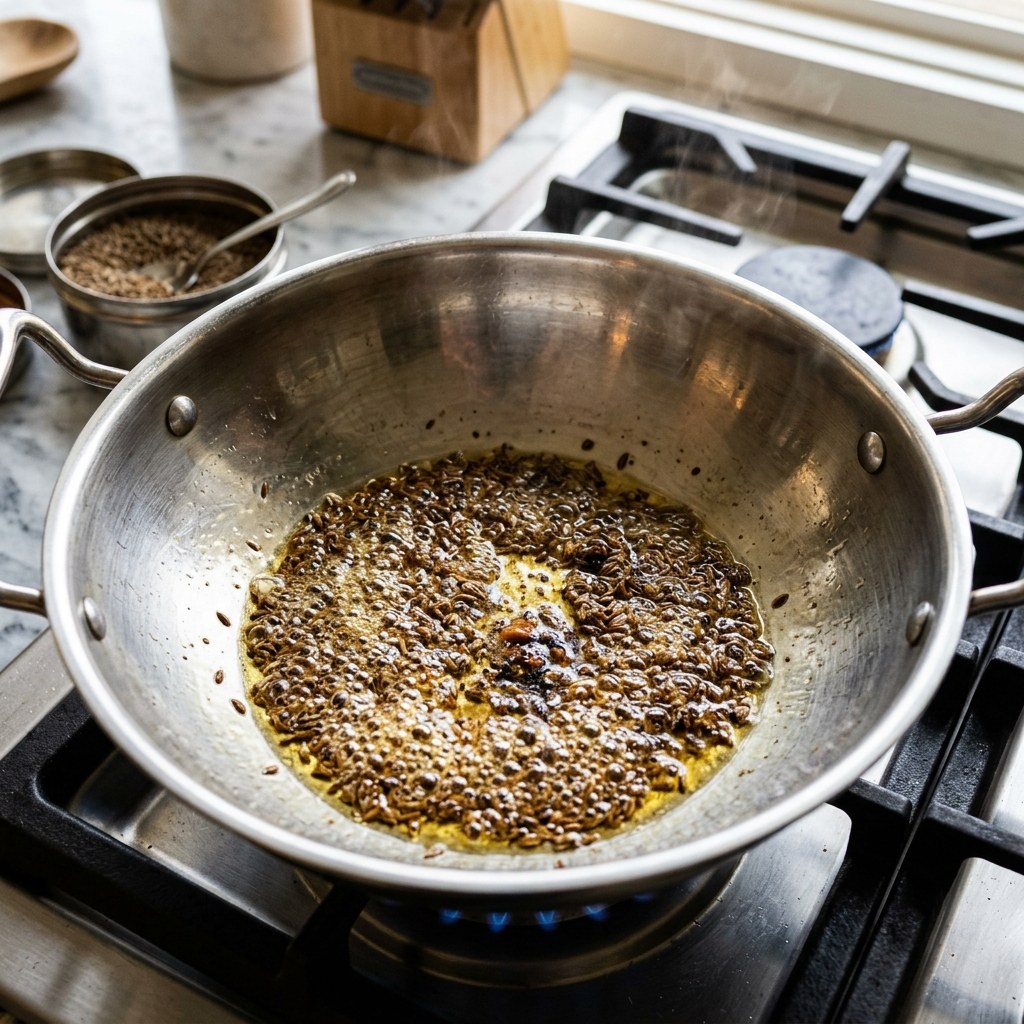 Tempering Cumin Seeds & Hing in Kadhai