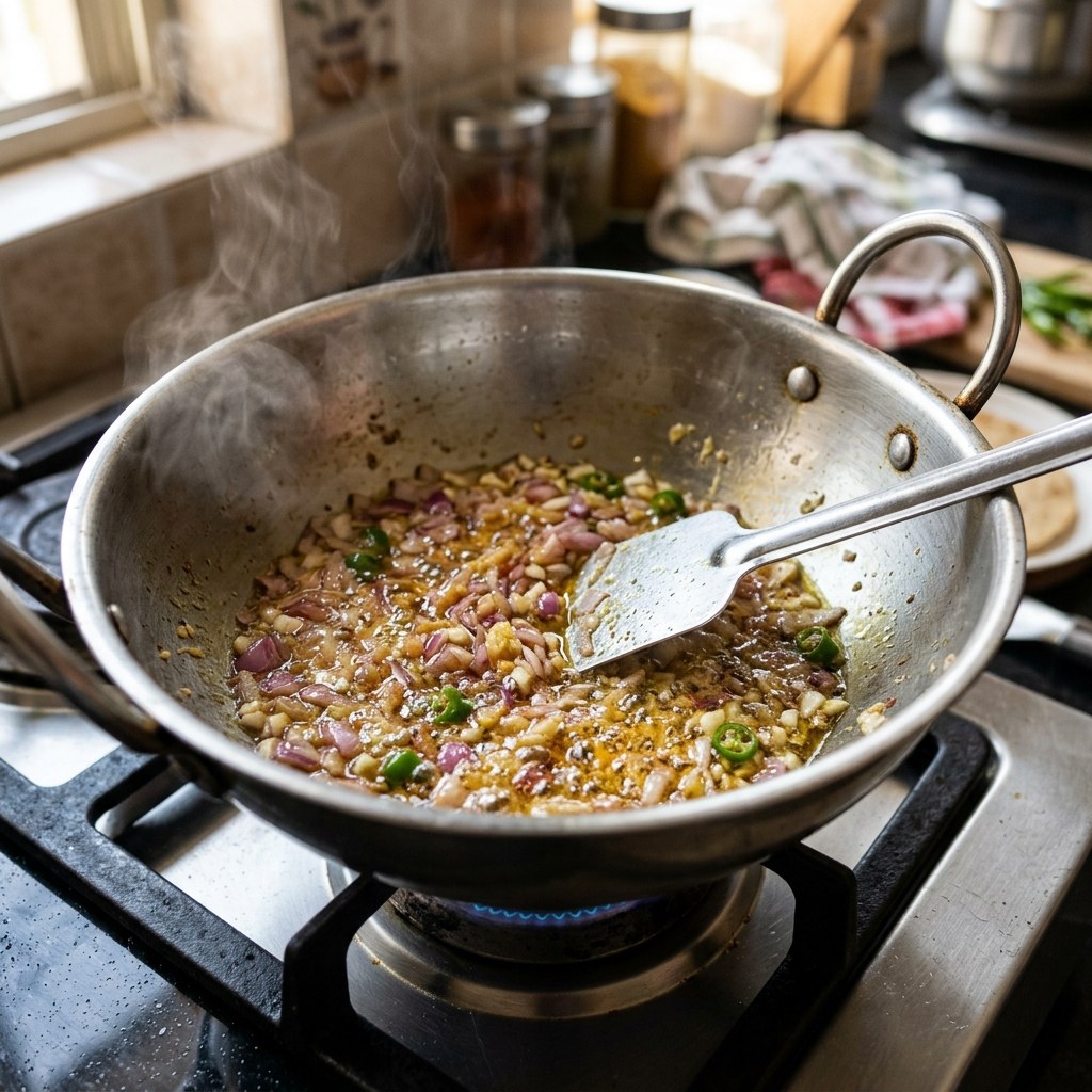 Sautéing Onions, Ginger, Garlic & Green Chillies