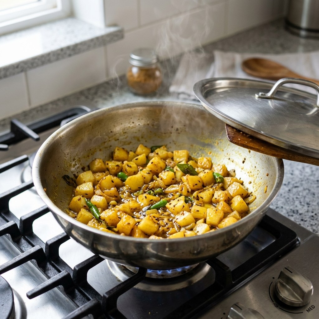 Sautéing & Semi-Cooking Diced Potatoes in Kadhai