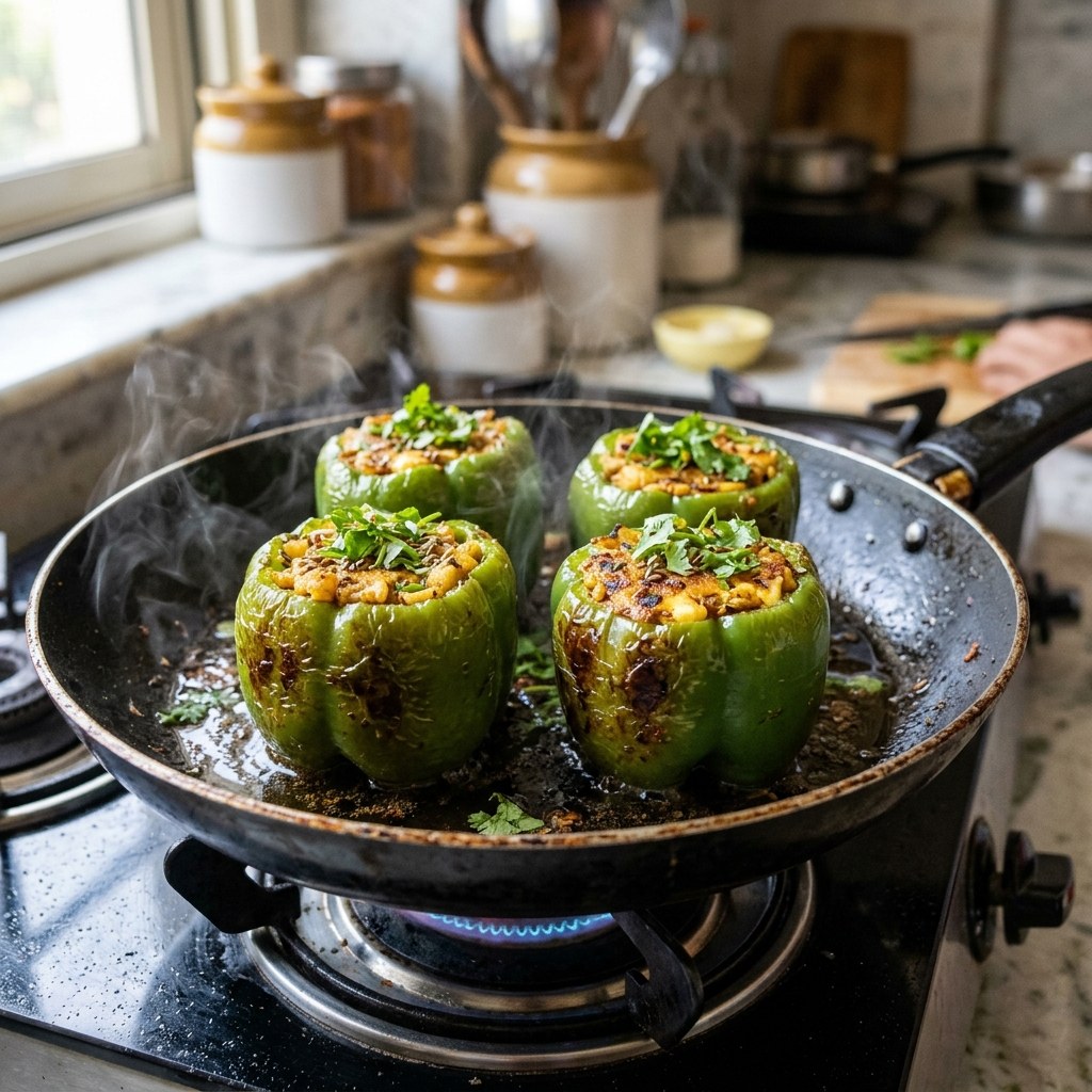 Slow Pan-Roasting Stuffed Capsicums on Low Flame