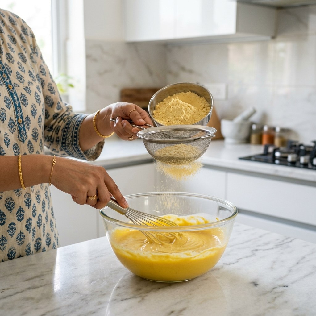 Sift Besan and Whisk into Smooth Batter