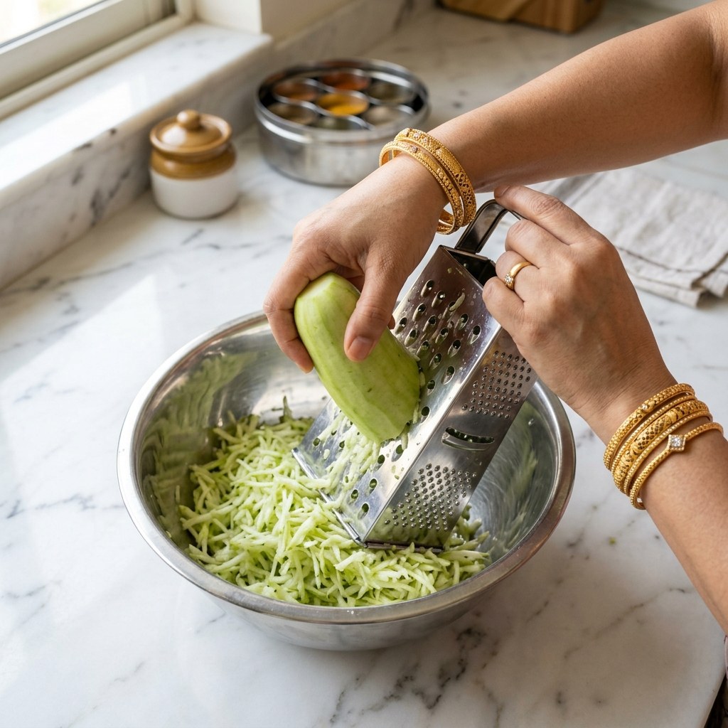 Grate peeled bottle gourd smoothly using a box grater