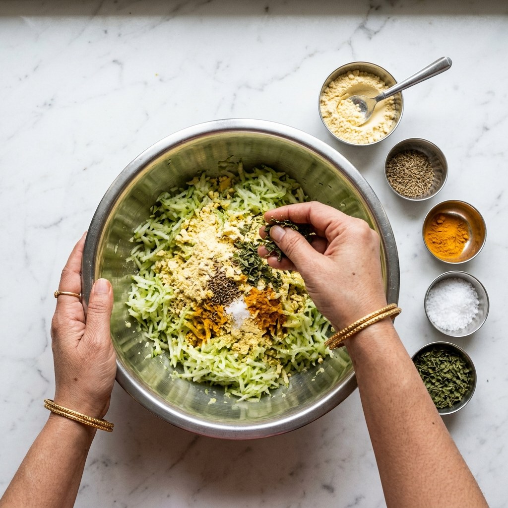 Mix grated ghiya with besan, ajwain, and spices