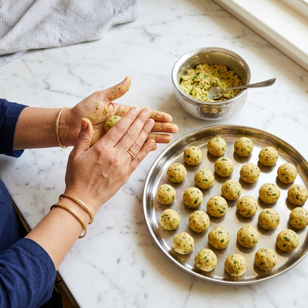 Rolling seasoned mixture into small round kofta balls