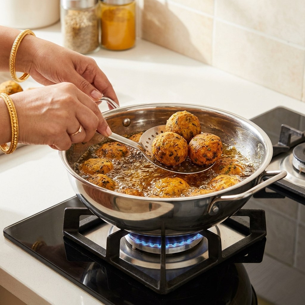 Deep-frying koftas in hot oil on gas stove until golden