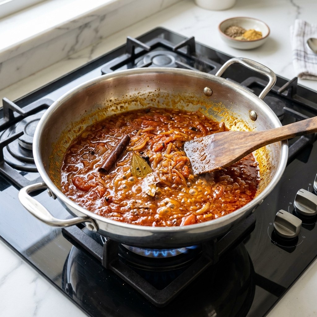 Sautéing whole spices, onions, and tomato puree until oil glistens in stainless steel kadhai on gas stove