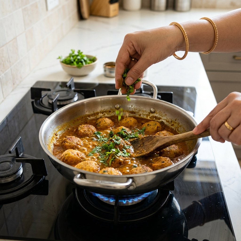 Simmering golden ghiya koftas in spiced curry, garnished with fresh green coriander on gas cooktop