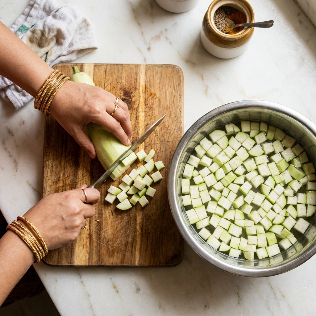 Peeling and dicing bottle gourd cubes directly into a bowl of cold water