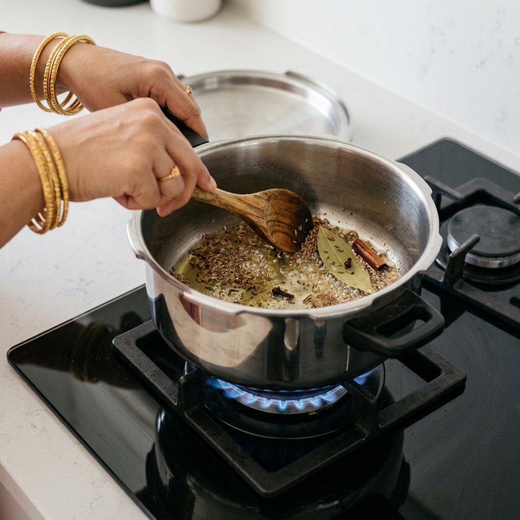 Sautéing cumin seeds, bay leaf, clove, and cinnamon stick in oil in pressure cooker
