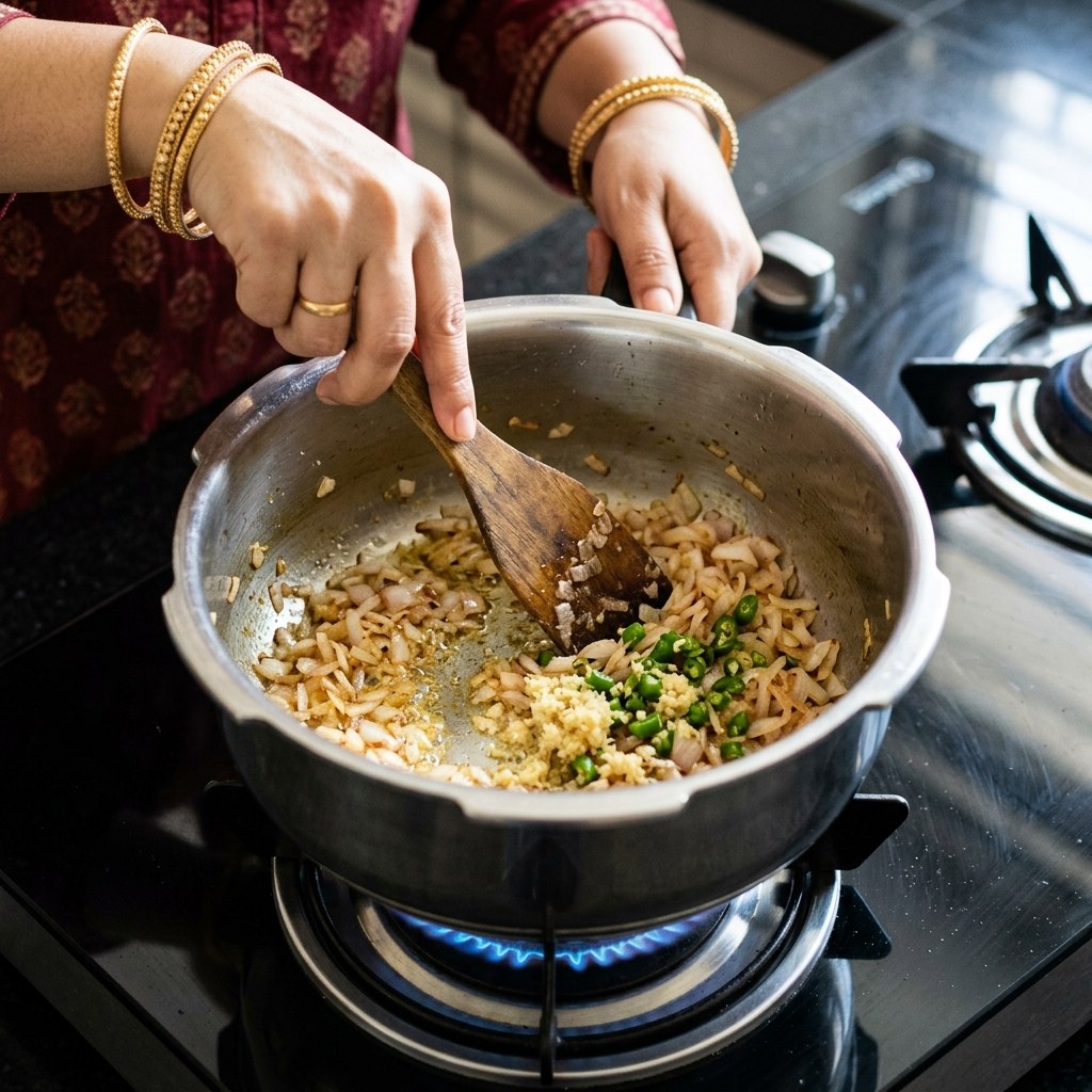 Sautéing chopped onion until golden brown with ginger-garlic paste and green chillies