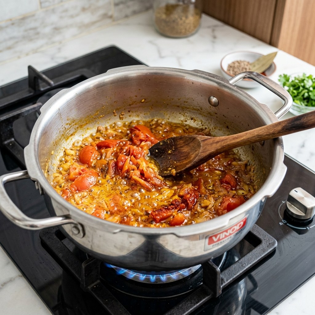 Sautéing chopped tomatoes, salt, turmeric, degi mirch, and coriander powder until oil glistens