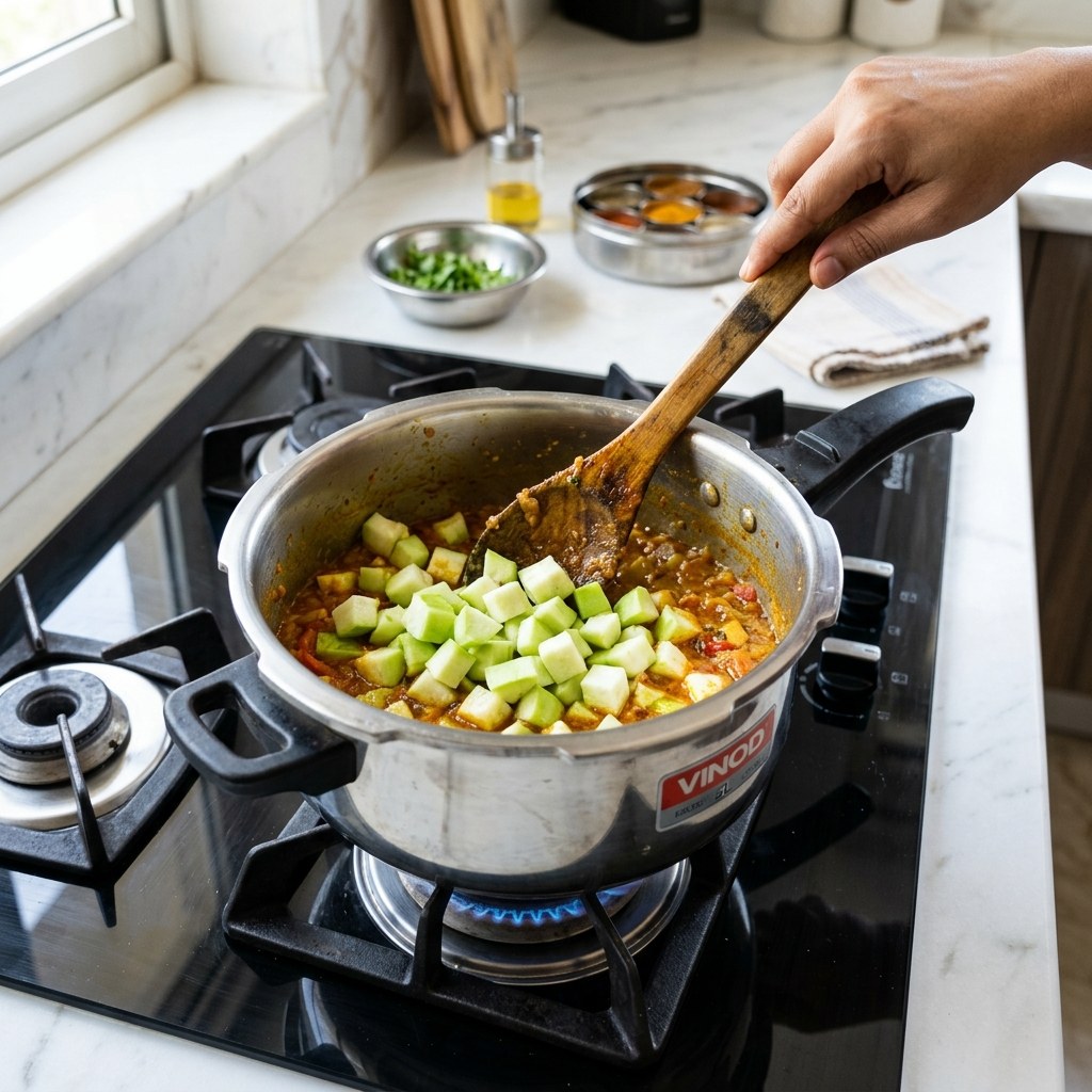 Adding drained diced ghiya cubes and sautéing with tomato masala in pressure cooker