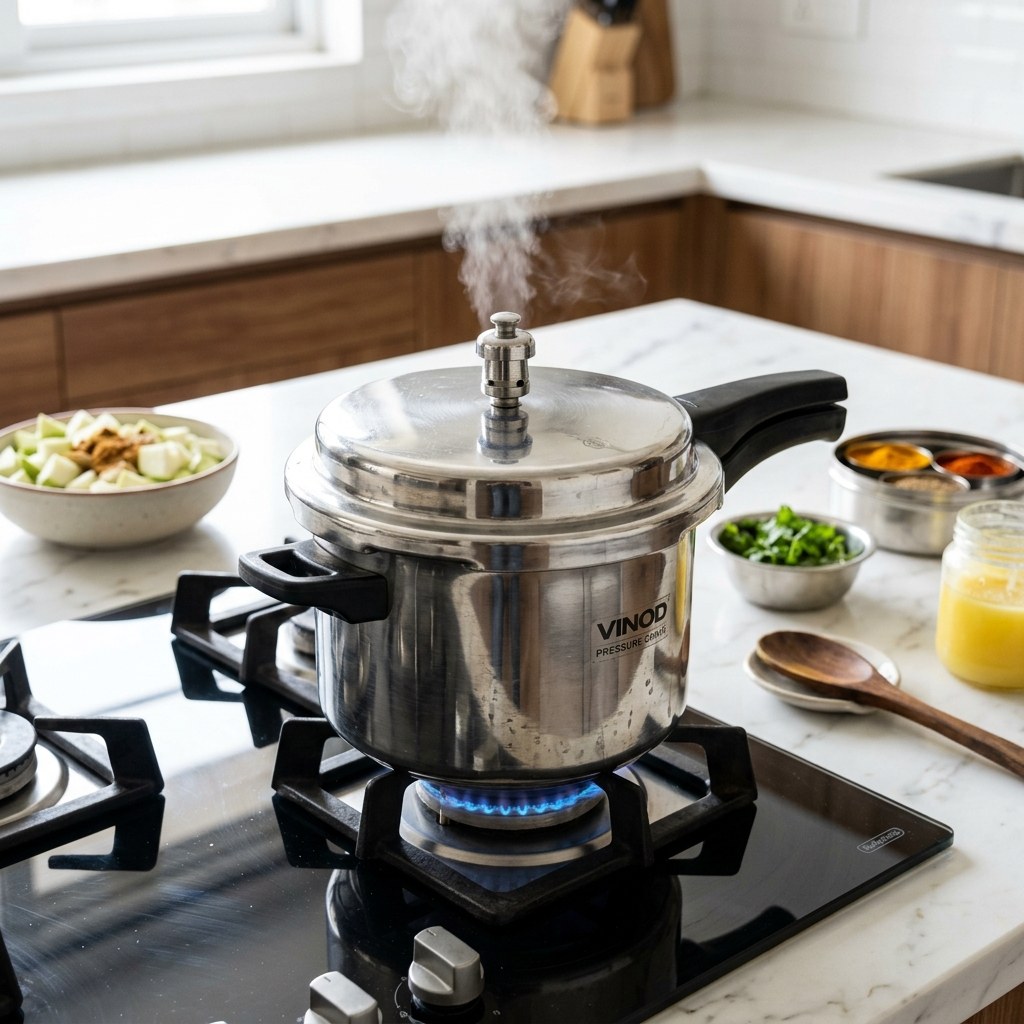 Pressure cooking ghiya with 1.5 cups water under locked lid with whistle on gas stove