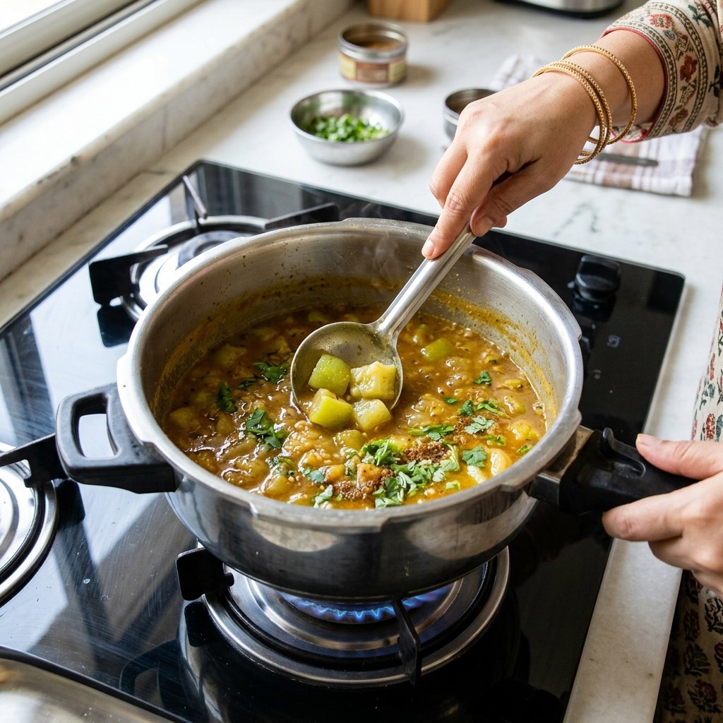 Ladle-crushing tender ghiya cubes against pressure cooker wall to naturally thicken gravy, garnishing with fresh coriander