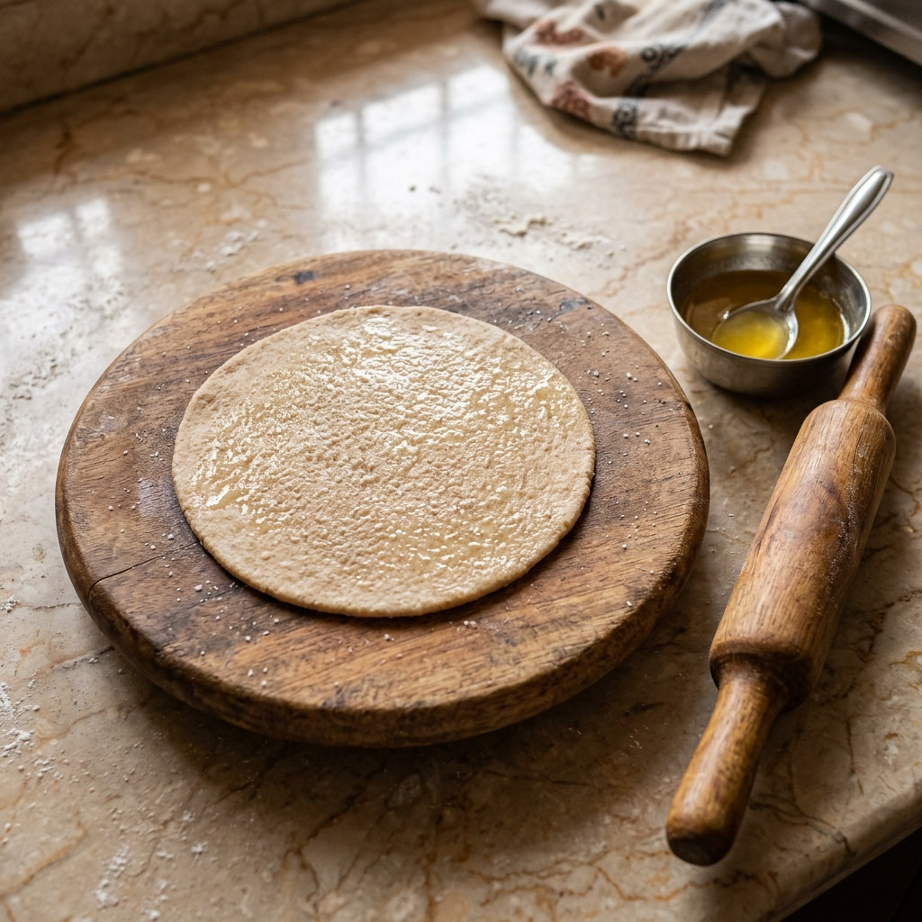 4. Roll Dough Disc & Smear Ghee with Salt