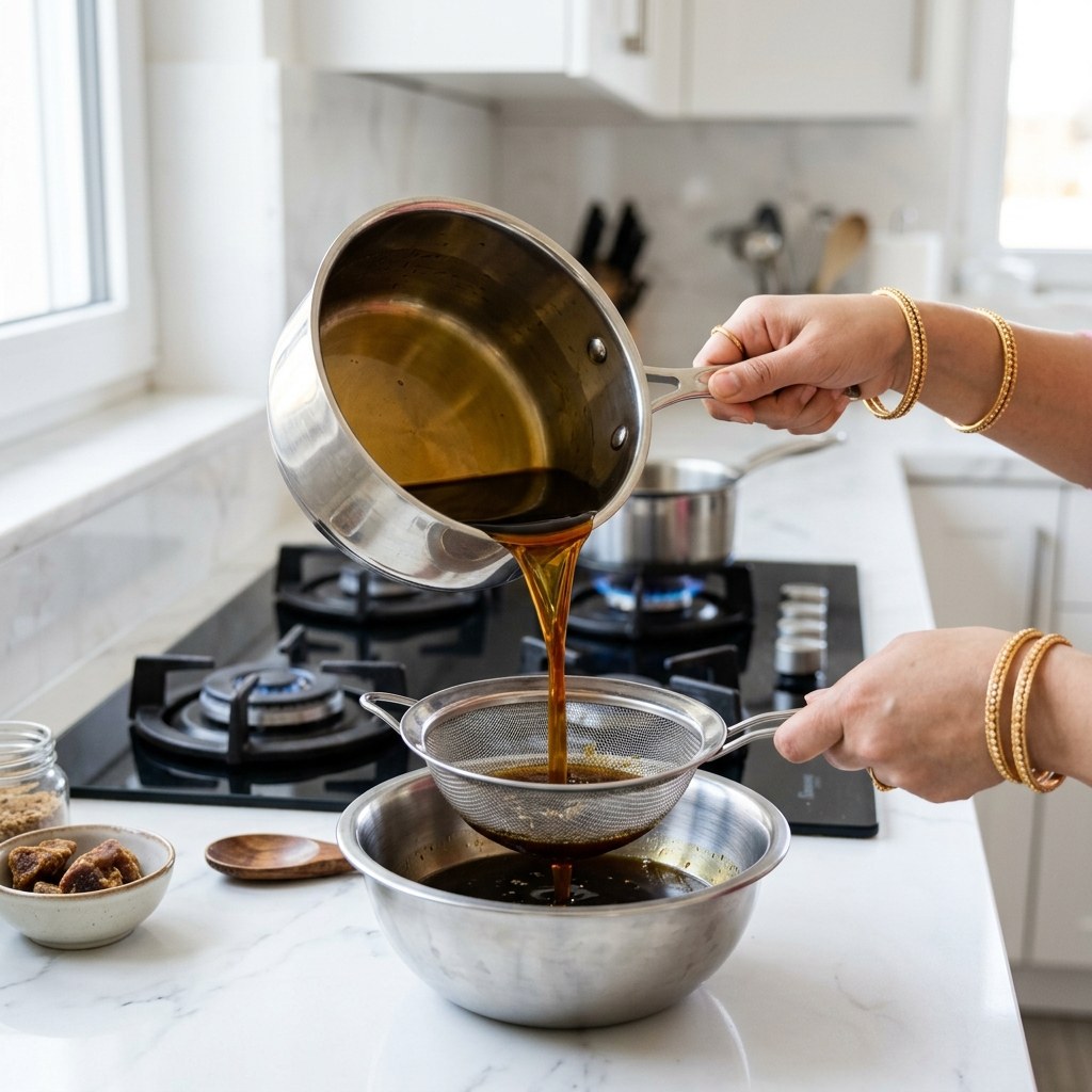 Dissolving crushed jaggery in warm water and straining syrup into a stainless steel bowl