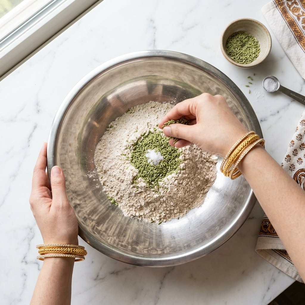 Combining whole wheat flour with fragrant fennel seeds and salt in a mixing bowl
