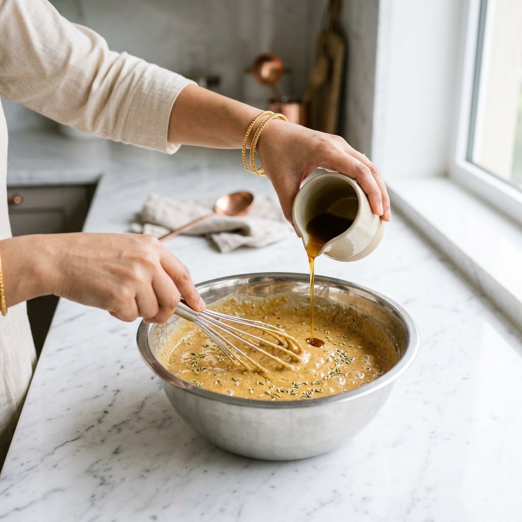 Gradually pouring strained jaggery syrup into the wheat flour and whisking into a smooth batter