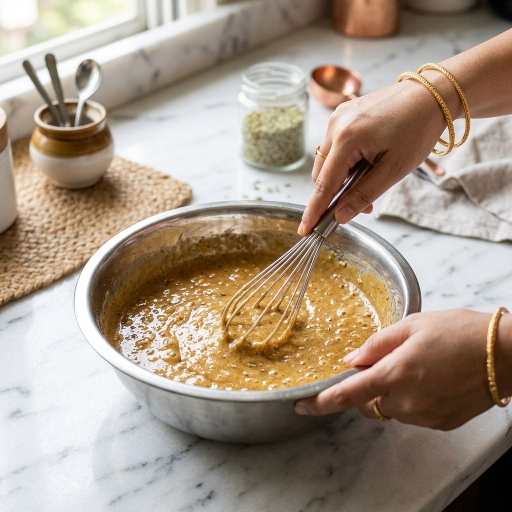 Resting and vigorously beating the thick gulgule batter to incorporate air bubbles