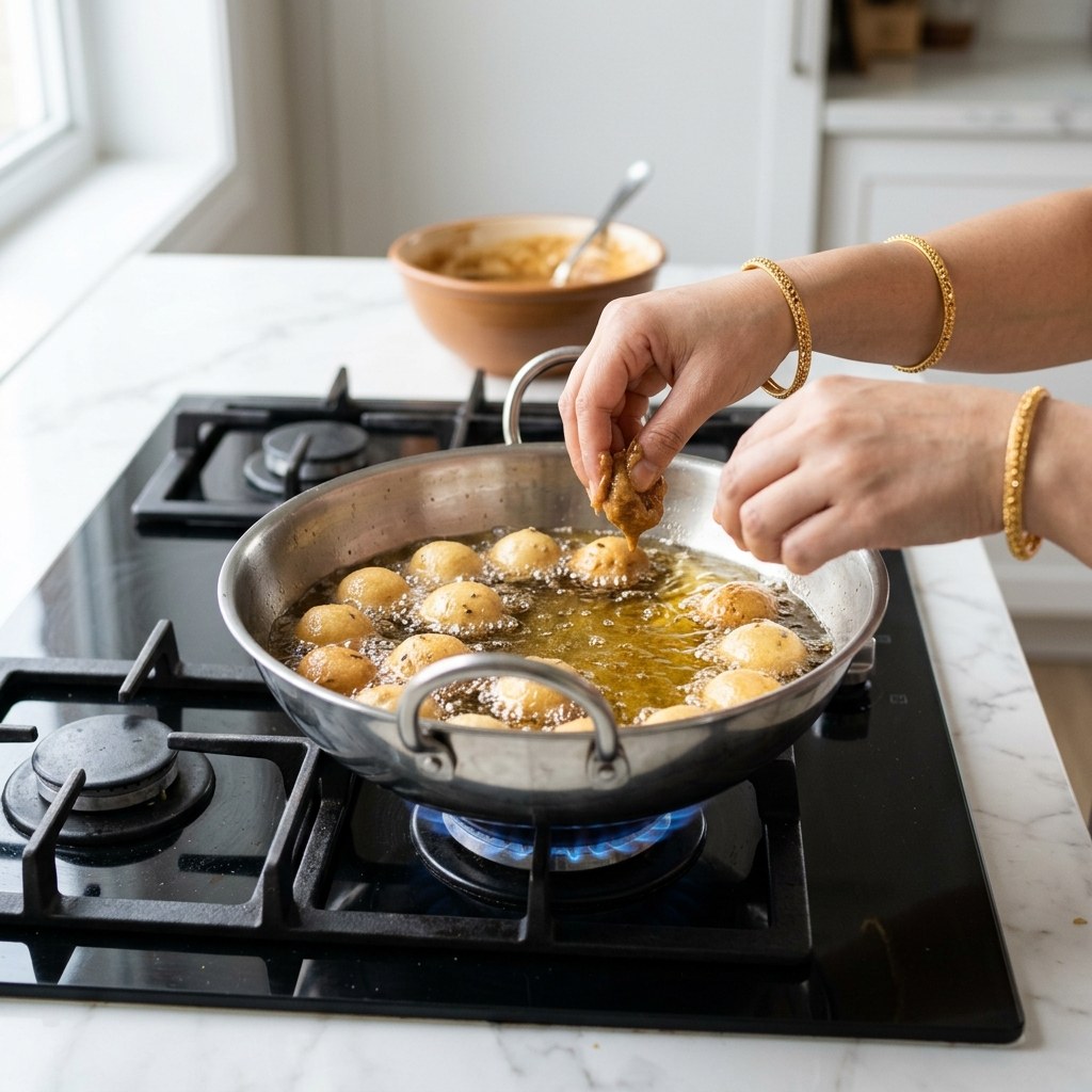Dropping round spoonfuls of sweet batter into hot oil in a kadhai on medium gas flame