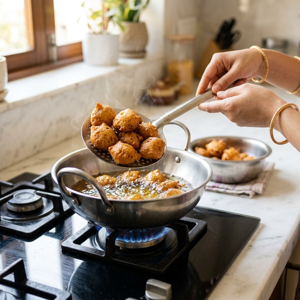 Lifting golden-brown puffed gulgule out of the oil with a slotted skimmer
