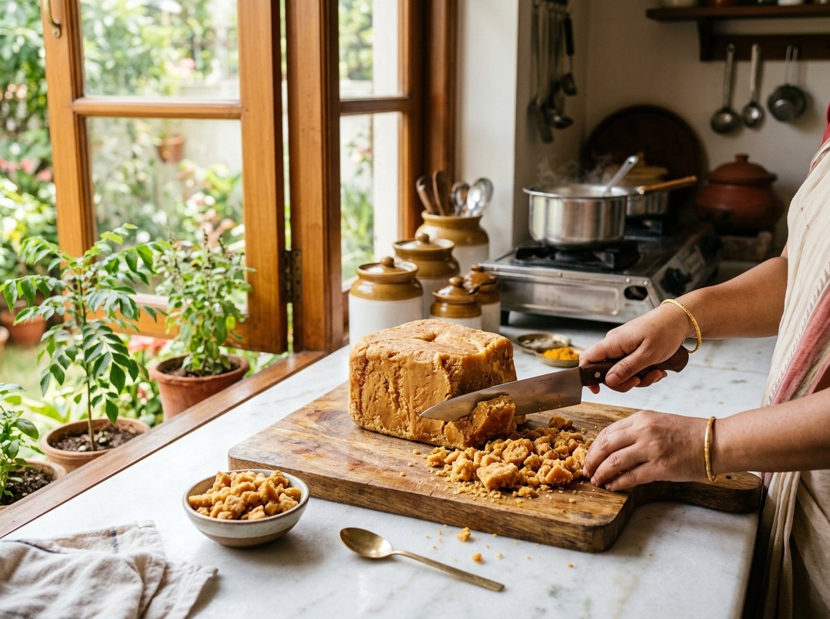 Chop organic jaggery pieces