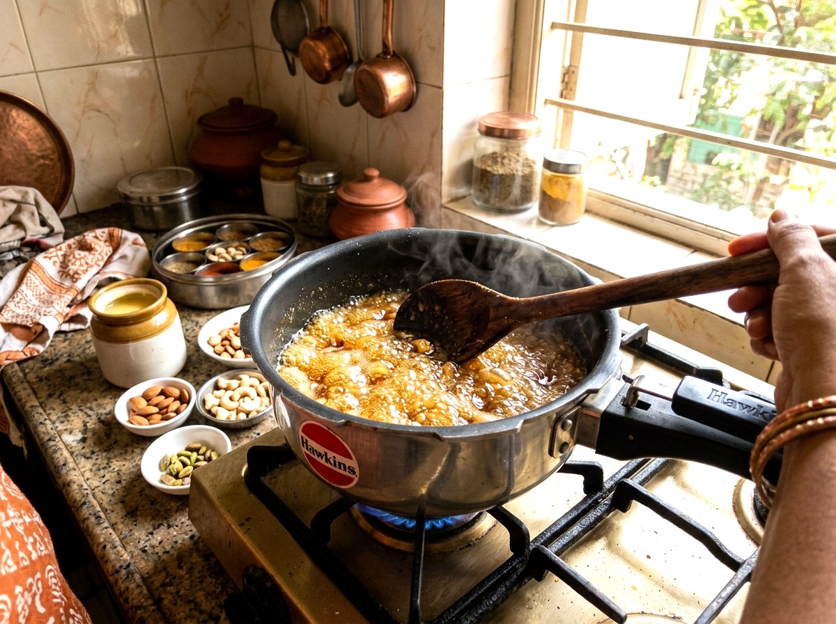 Simmer into boiling jaggery syrup