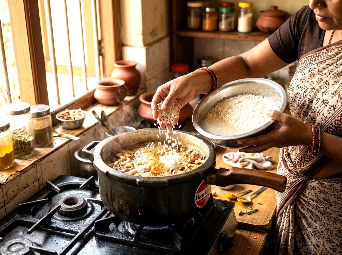 Add drained soaked Basmati rice