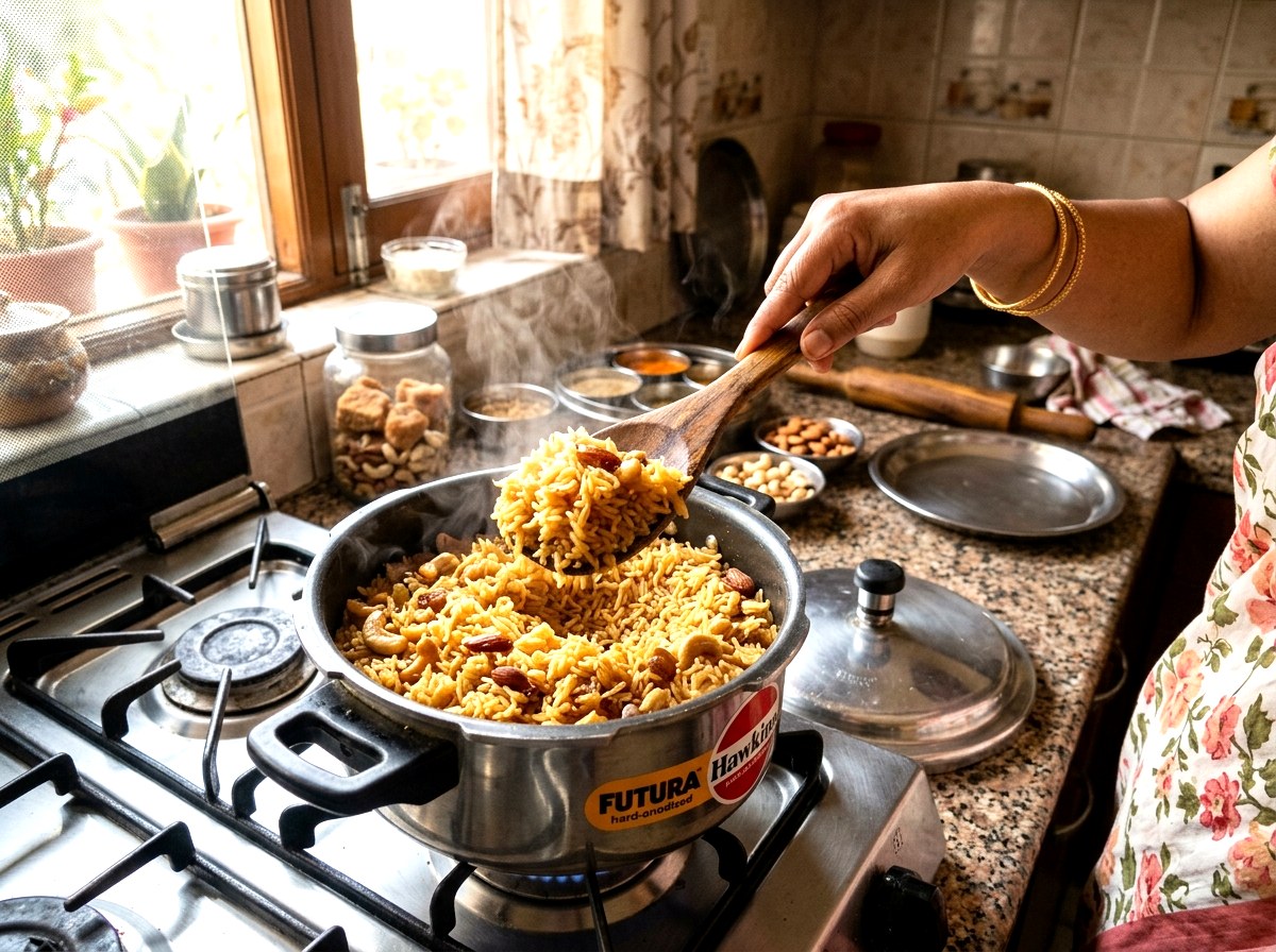 Fluff cooked golden jaggery rice