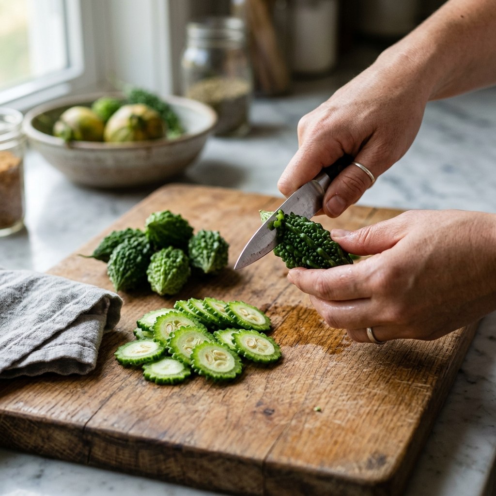 Wash, Scrape Ridges and Slice Small Karela