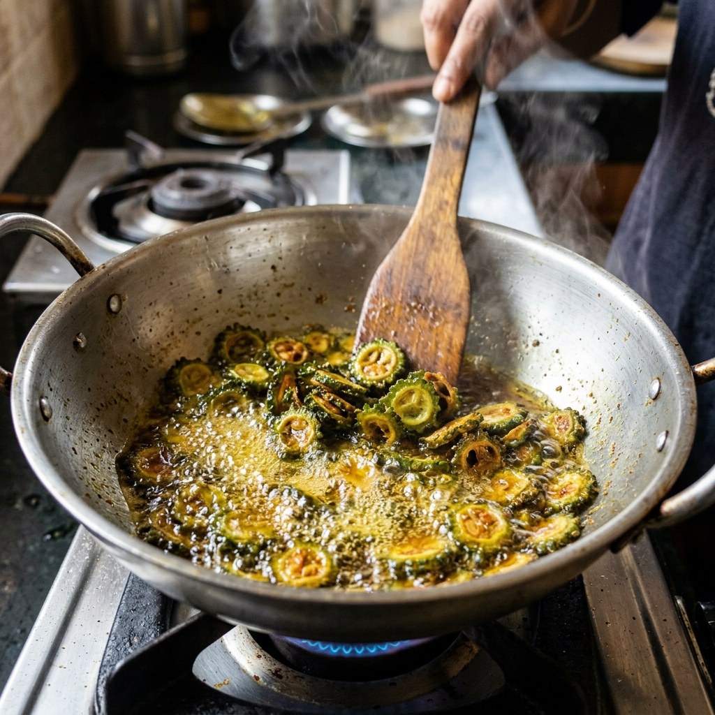 Sear Karela on High Flame Until Crispy