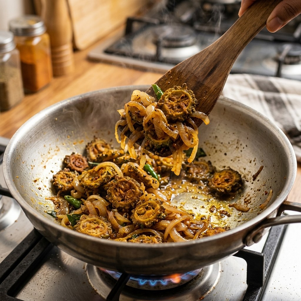 Toss Fried Karela and Onions Together