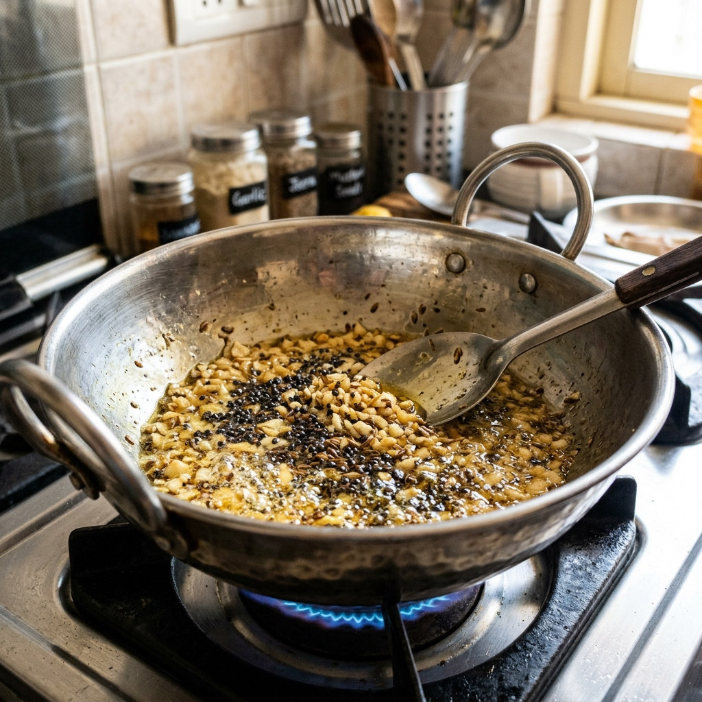 3. Sauté Garlic Golden & Add Cumin