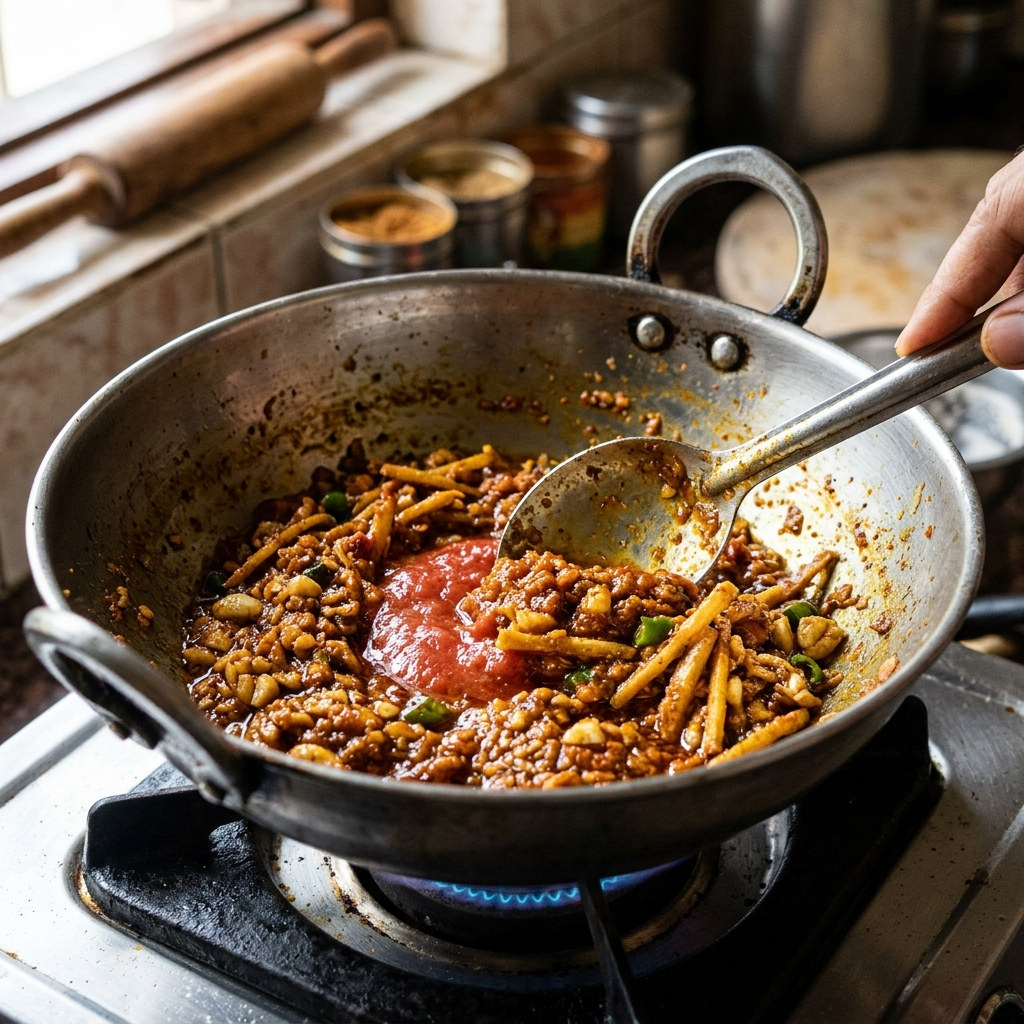 5. Add Tomato Puree, Chillies & Spices