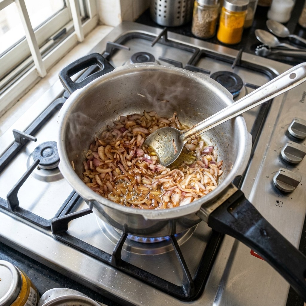 Golden Onion Bhunai in Pressure Cooker