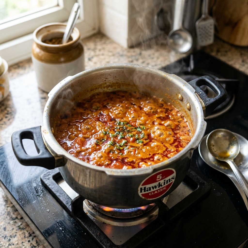 Simmer Tomato Puree & Ground Spices in Pressure Cooker