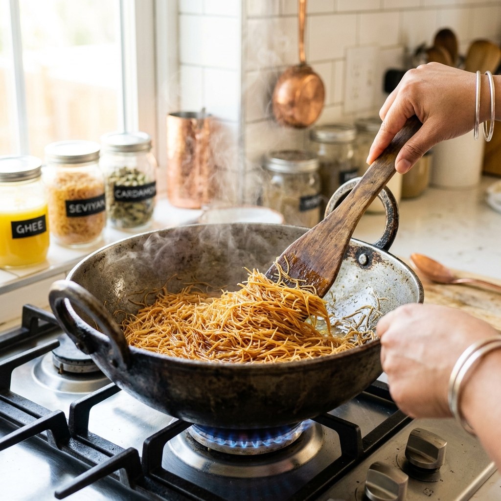 Roasting vermicelli in pure desi ghee until golden brown