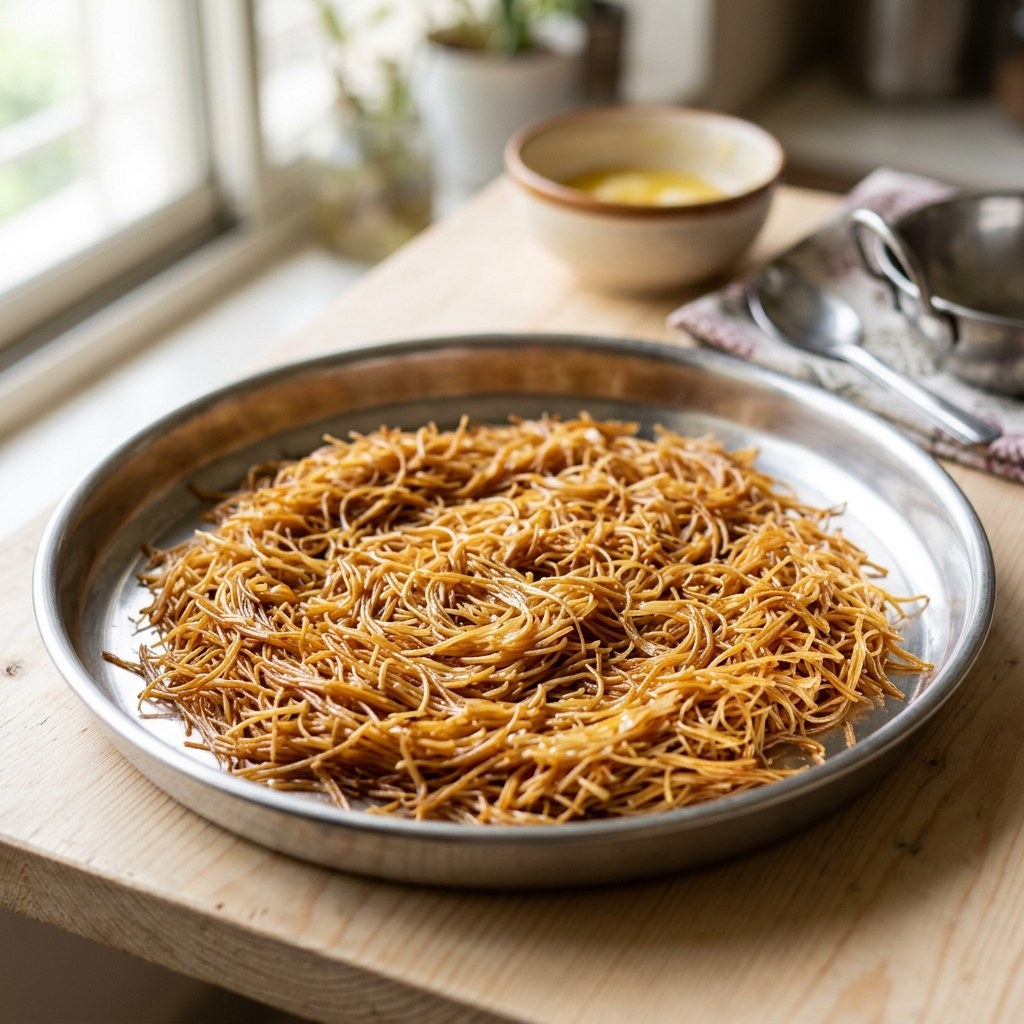 Transfer roasted golden vermicelli onto plate
