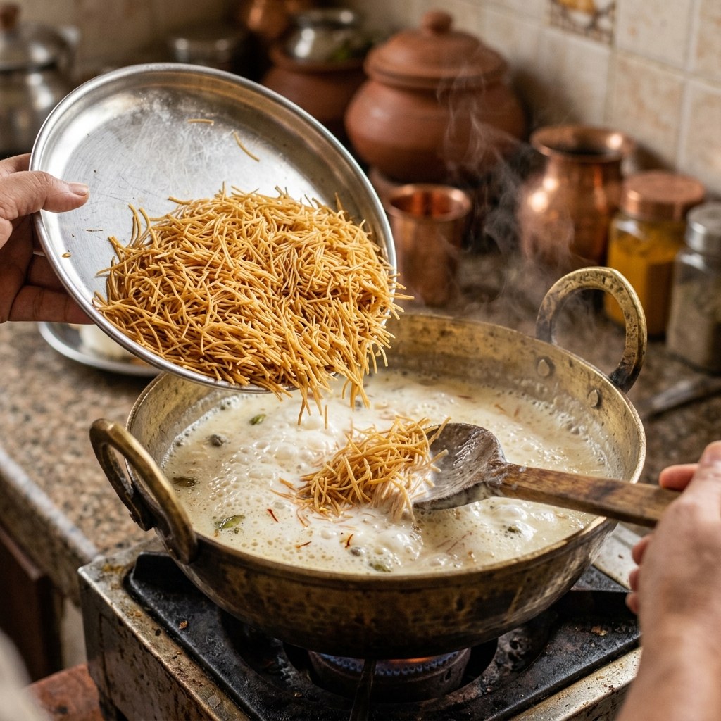 Add Roasted Vermicelli to Simmering Milk (Flame: Low)