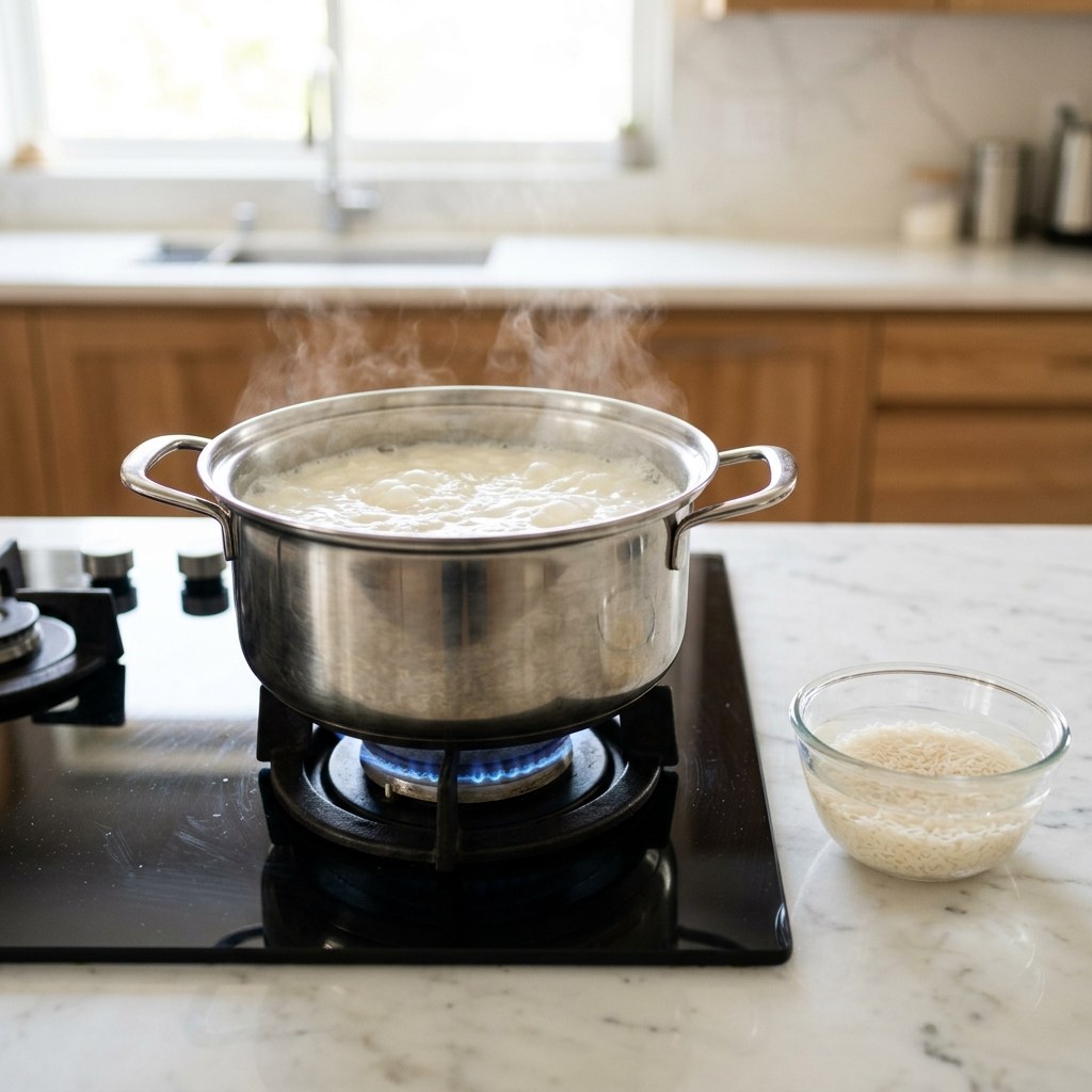 Bringing full cream milk to a boil in a heavy pot with broken rice soaking in water