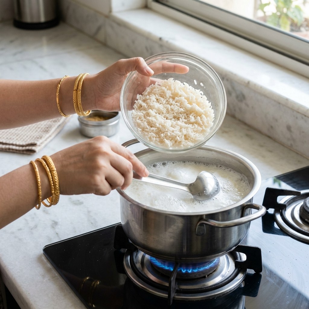 Adding drained soaked broken basmati rice into boiling milk on high flame