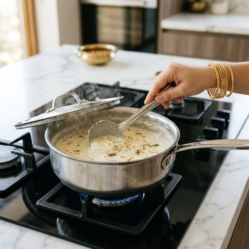 Simmering kheer half-covered on low flame and scraping rich malai into milk