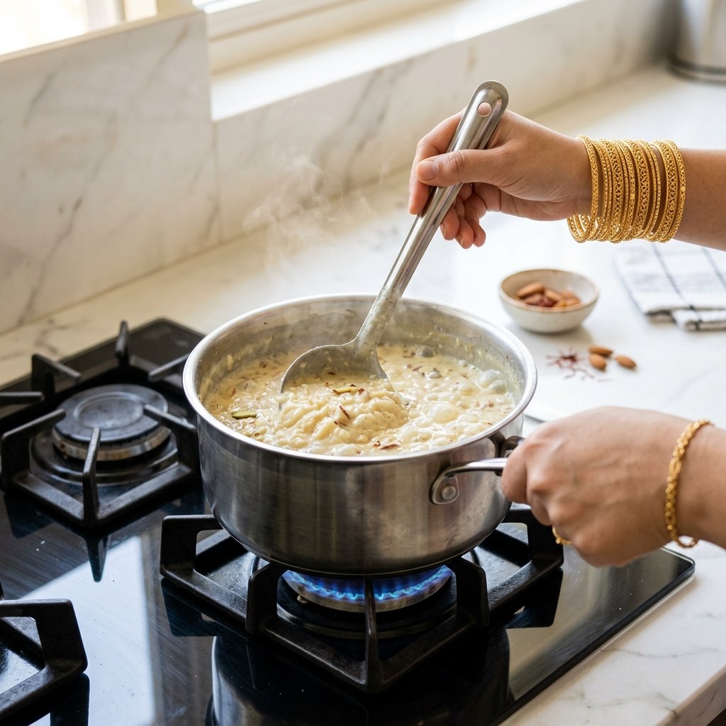 Vigorously stirring thick reduced kheer into a creamy rabdi-like emulsion