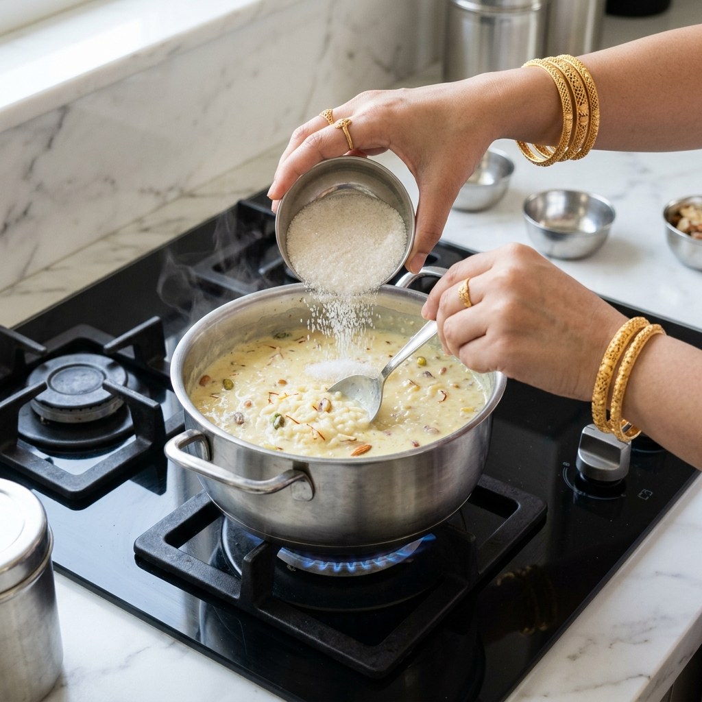 Adding sugar to the thickened creamy kheer and dissolving on medium-low flame