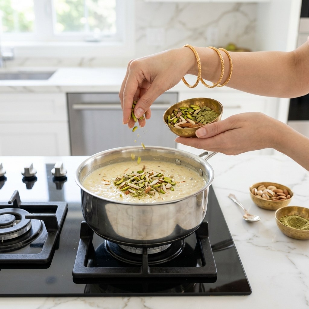 Garnishing fragrant Punjabi Rice Kheer with green cardamom, slivered pistachios and almonds