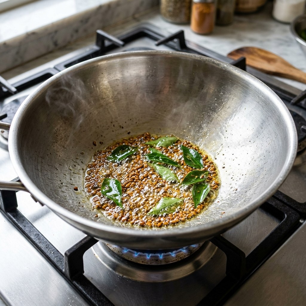 Tempering Fenugreek Seeds & Curry Leaves in Oil