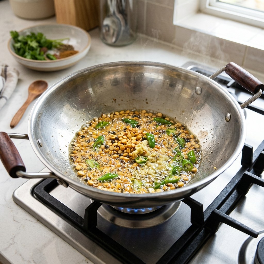 Toast Chana Dal, Urad Dal & Aromatics in Oil