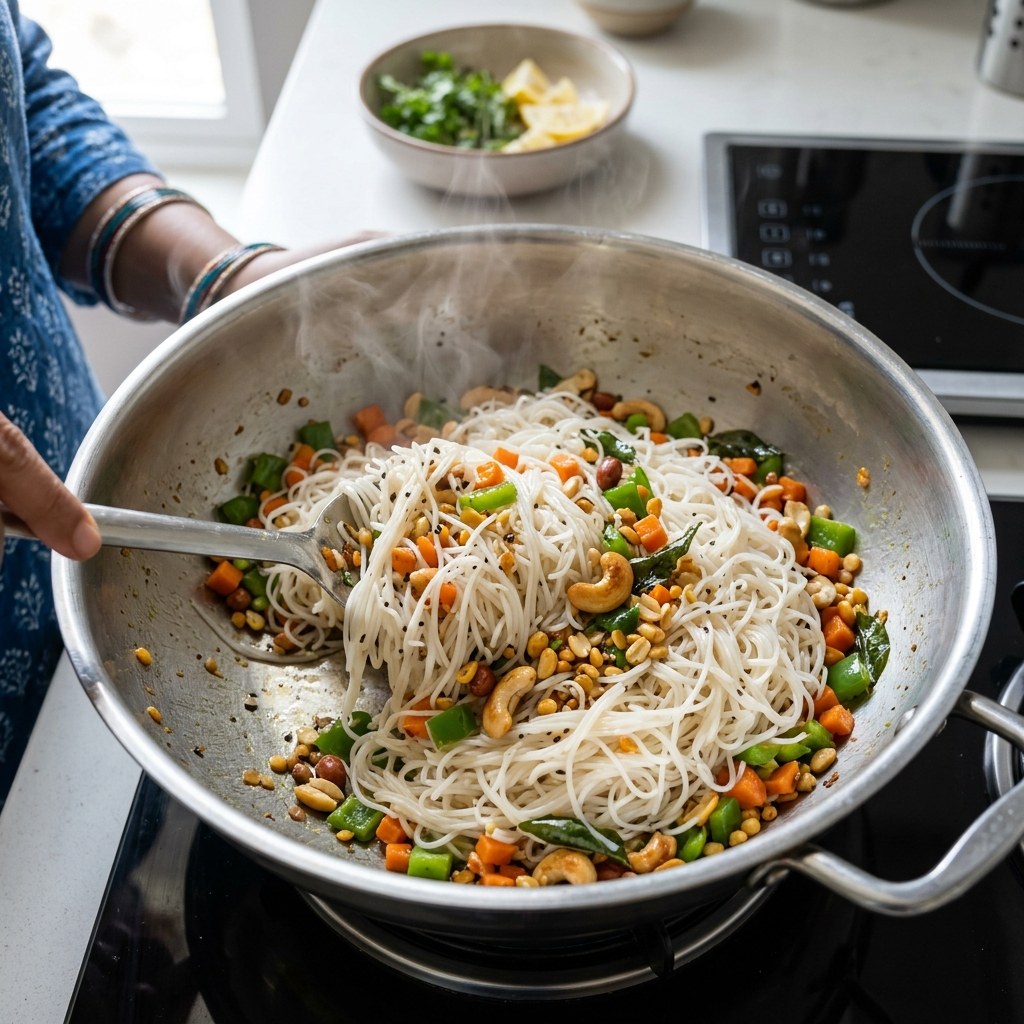 Gently Fold and Toss Rice Vermicelli with Veggies