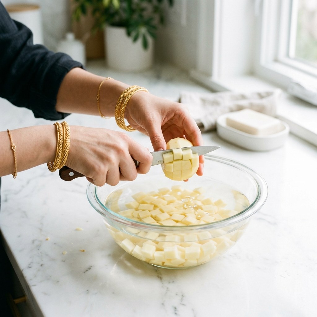Dicing fresh peeled potatoes into square cubes directly into a bowl of cold water