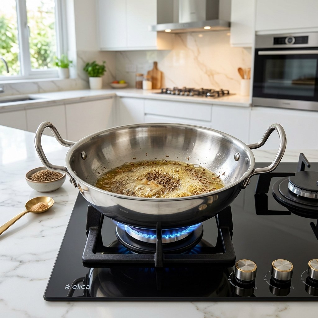 Sizzling cumin seeds and hing in hot oil in a stainless steel kadhai over blue gas flame
